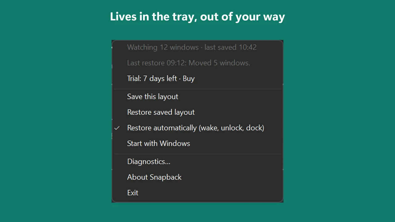 The tray menu: status, trial days left, Save this layout, Restore saved layout, and automatic restore on or off.